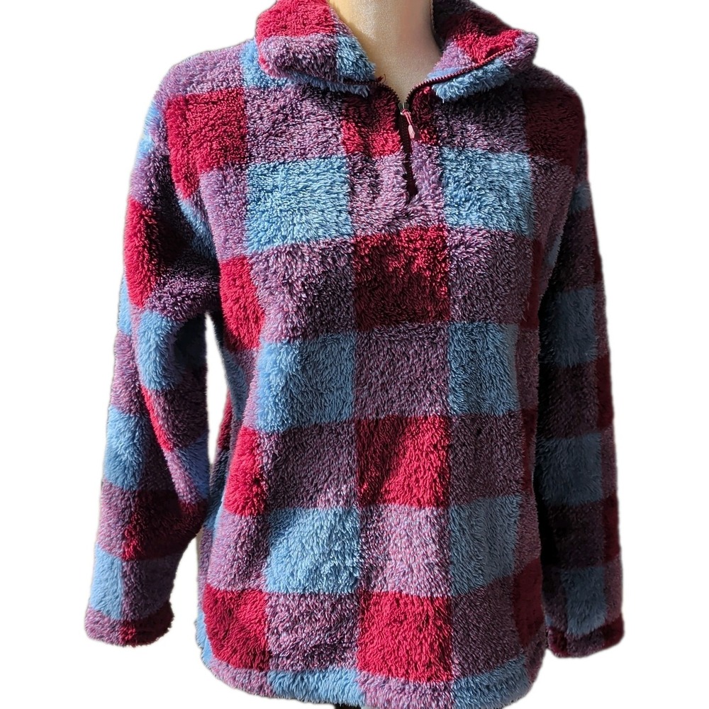 Eddie Bauer Women's Size S Pullover Blue & Burgundy Checked Fuzzy‎ Long Sleeve